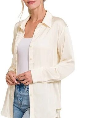 Et Clet Cream Button-Down Satin Blouse